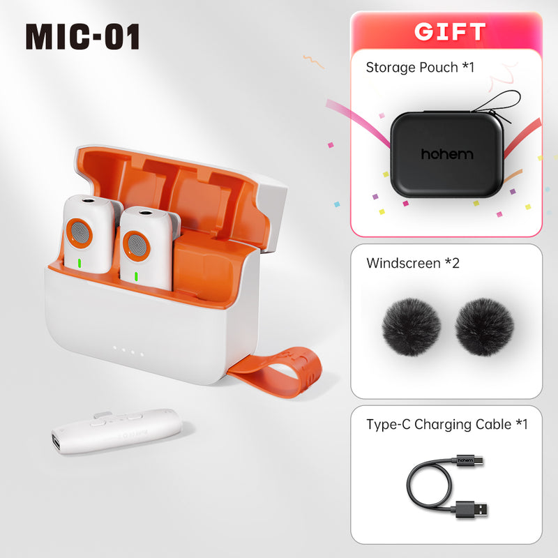 Hohem MIC-01 wireless Lavalier Microphone, Noise Canceling Recording, 20 hours battery life, for iPhone, Android, Live Streaming