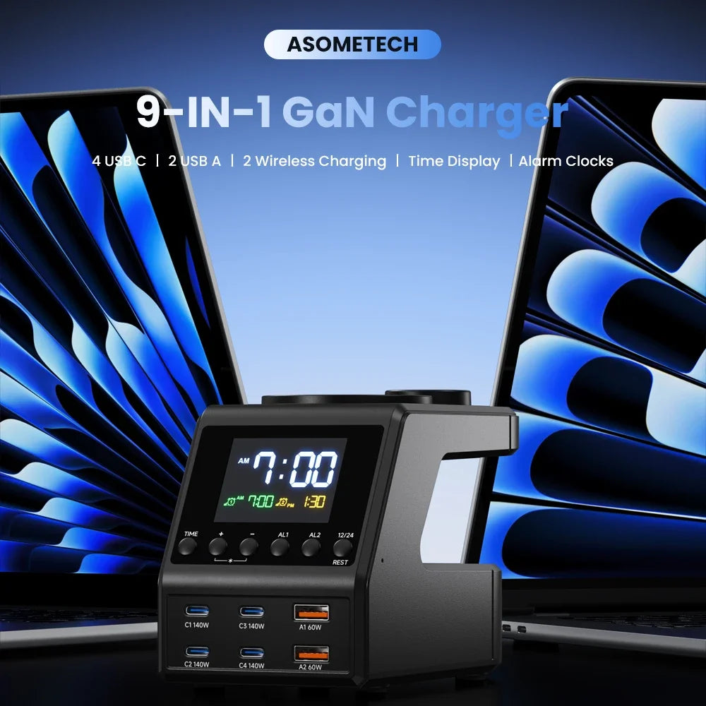 240W GaN Charger Station 4×140W PD3.1 PPS USB Type C Wireless Fast Charger for MacBook iPhone Samsung Alarm Clock Time Display