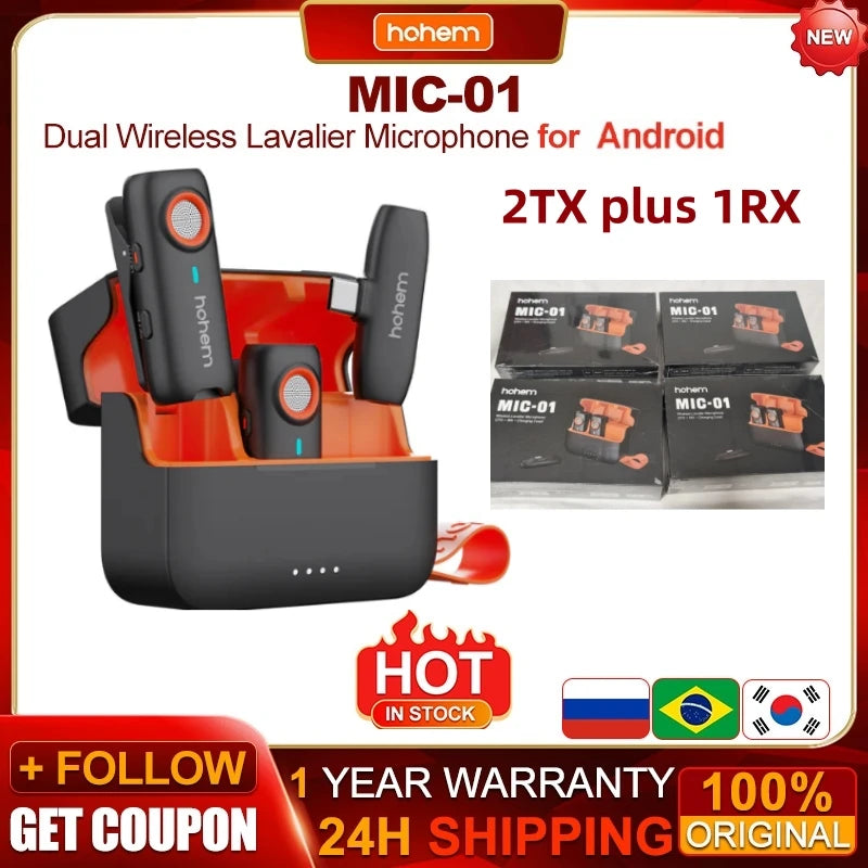 Hohem MIC-01 Wireless Lavalier Microphone Dual Noise Canceling Recording 20 Hours Battery LifeLive Streaming for Android