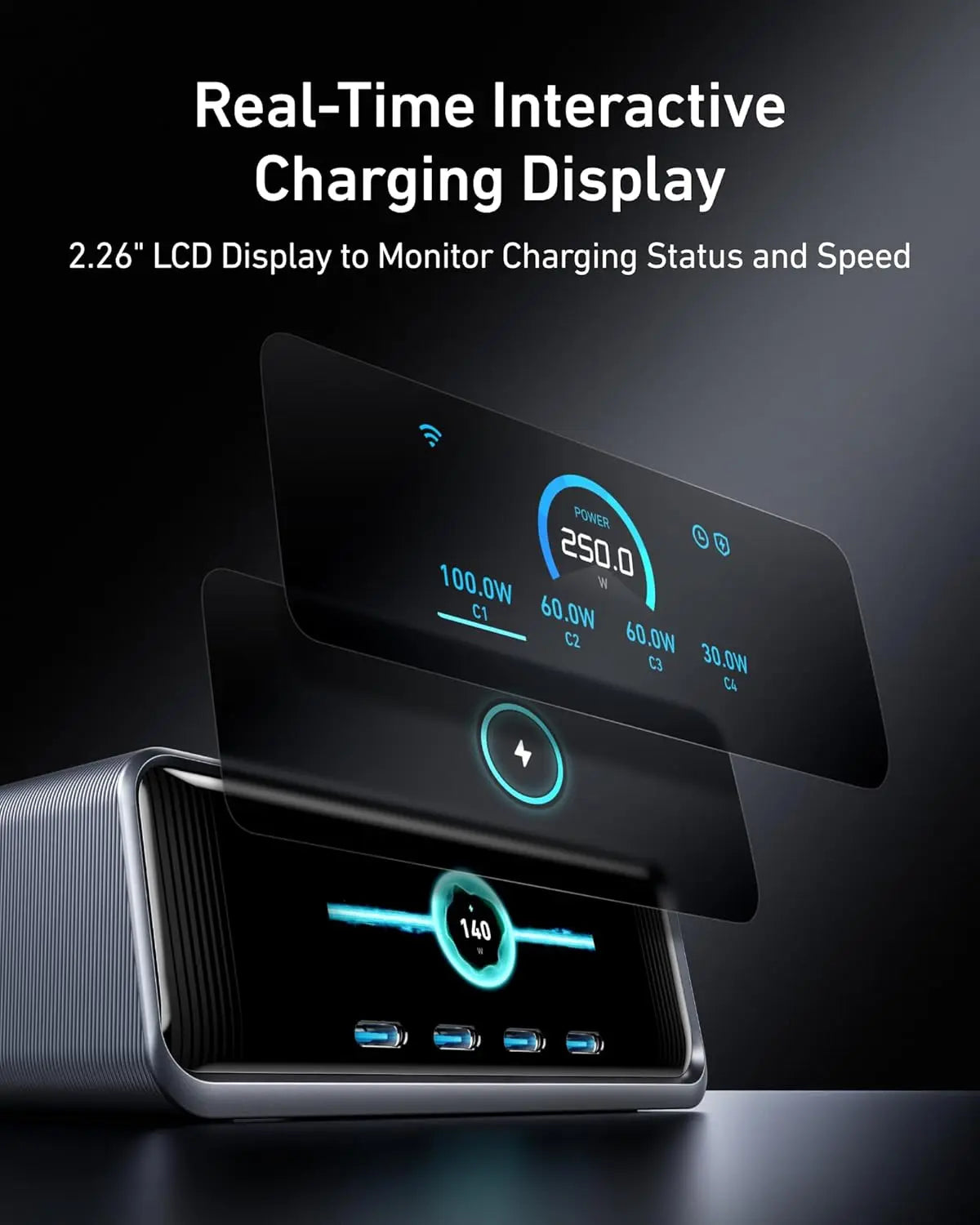 Anker Prime Charger 250W GaN USB C Fast Charging Station 2.26" LCD Display for iPhone MacBook Pro iPad Smart Control Dial