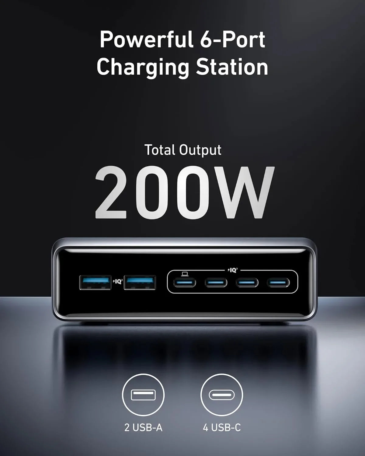 Anker Prime Charger 200W 6 Ports GaN Desktop Charging Station USB-C PD 100W Max Fast Charge for Laptop Mobile Phone Earbuds