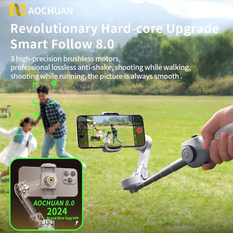 AOCHUAN Smart V8 3-Axis Handheld Gimbal Phone Stabilizer with Extension Rod Tripod Face Tracking for iPhone Android Tiktok Vlog