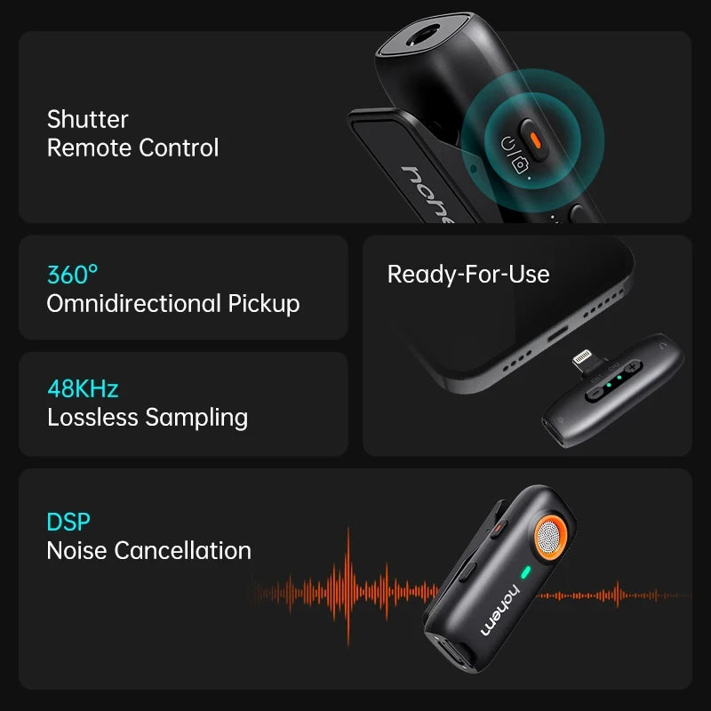 Hohem MIC-01 Wireless Lavalier Microphone Dual Noise Canceling Recording 20 Hours Battery LifeLive Streaming for Android