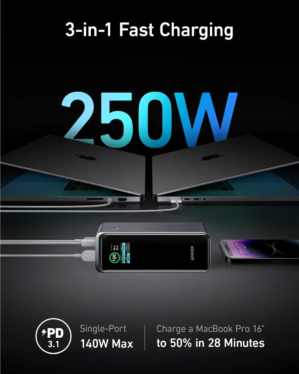 Anker Prime Power Bank 27650mAh 3-Port 140W Max Portable Charger Battery Portable Power Bank Large Capacity 250W for Laptop