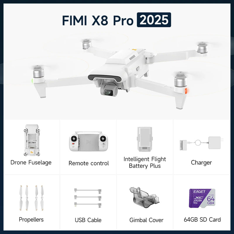 FIMI X8 Pro 2025 drone  4K 60fps 20KM range 3-axis Gimbal GPS AI Super Night Video 1/1.3-inch 48Mp CMOS sensor Smart Tracking