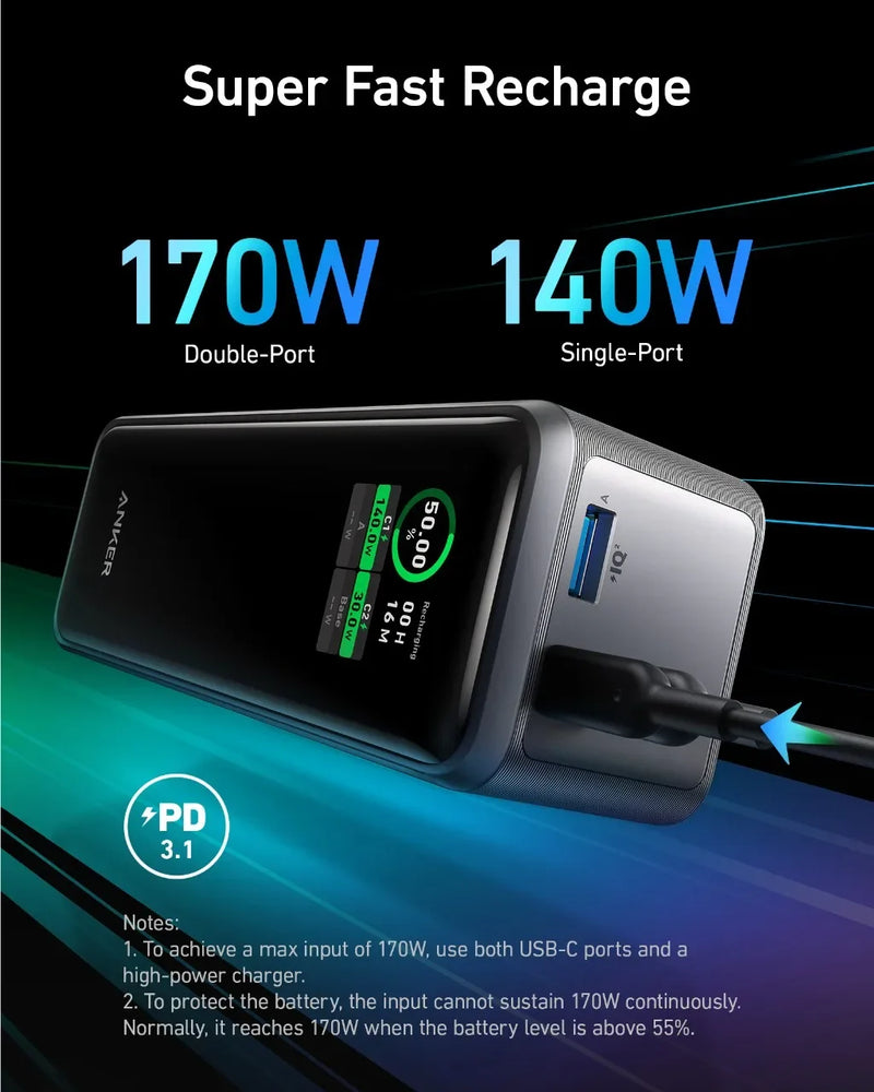 Anker Prime Power Bank 27650mAh 3-Port 140W Max Portable Charger Battery Portable Power Bank Large Capacity 250W for Laptop