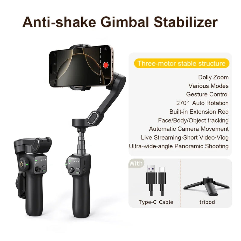 AOCHUAN Smart V8 3-Axis Handheld Gimbal Phone Stabilizer with Extension Rod Tripod Face Tracking for iPhone Android Tiktok Vlog