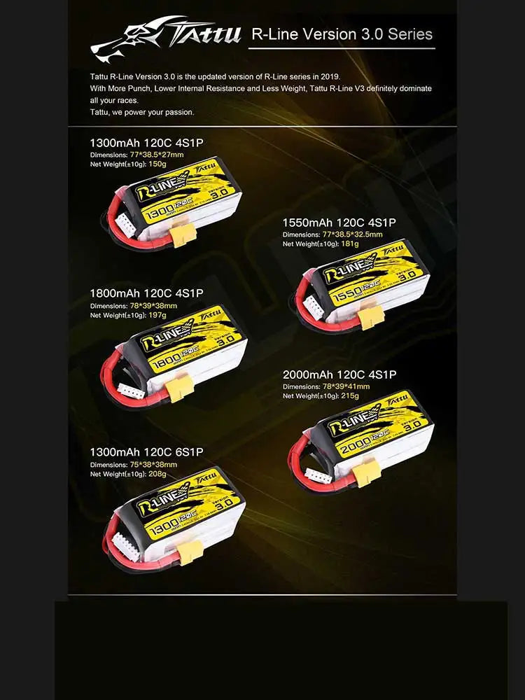 Tattu R-Line Version 3.0 V3 1050/1300/1550/1800/2000mAh 120C 4S 6S 4.2V Lipo Battery XT60 Plug FPV Racing Drone RC Quadcopter