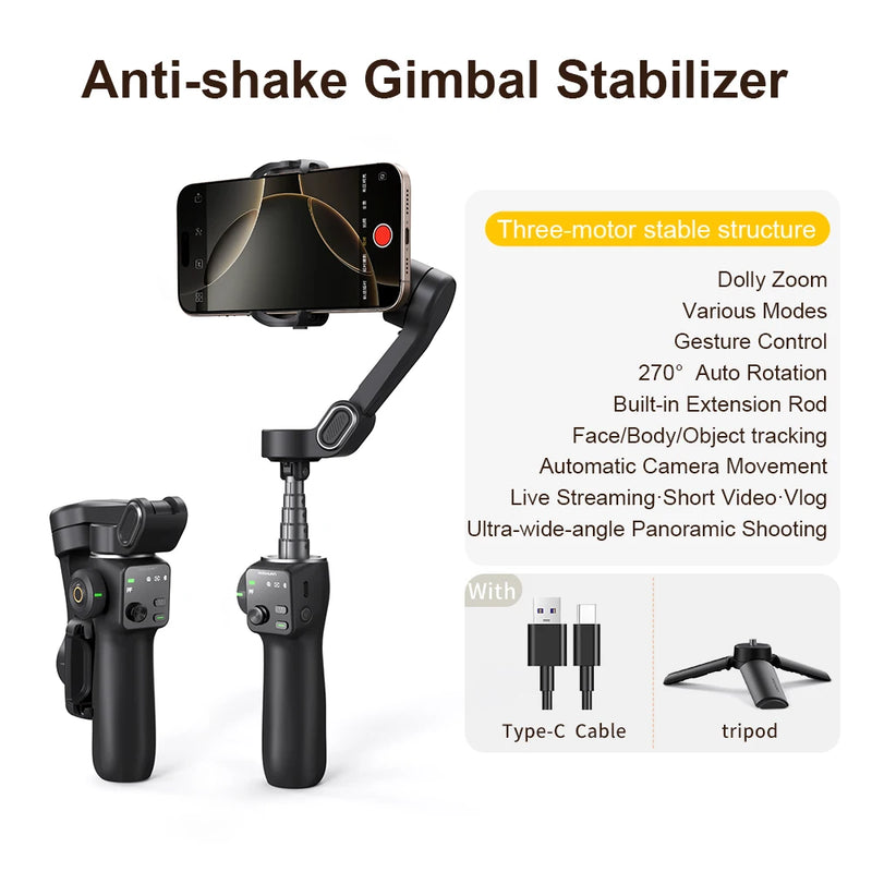 AOCHUAN Smart V8 3-Axis Handheld Gimbal Phone Stabilizer with Extension Rod Tripod Face Tracking for iPhone Android Tiktok Vlog