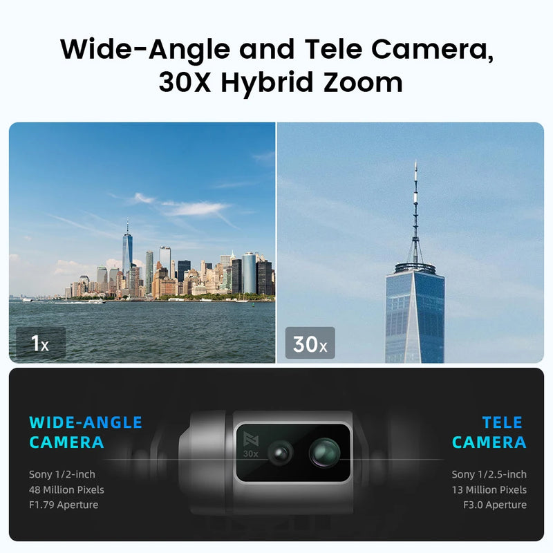 FIMI X8 Tele Max Drone 20KM Range with Wide-Angle Tele Camera 30x Hybrid Zoom 4K 60fps 3-axis Gimbal GPS AI Super Night Video