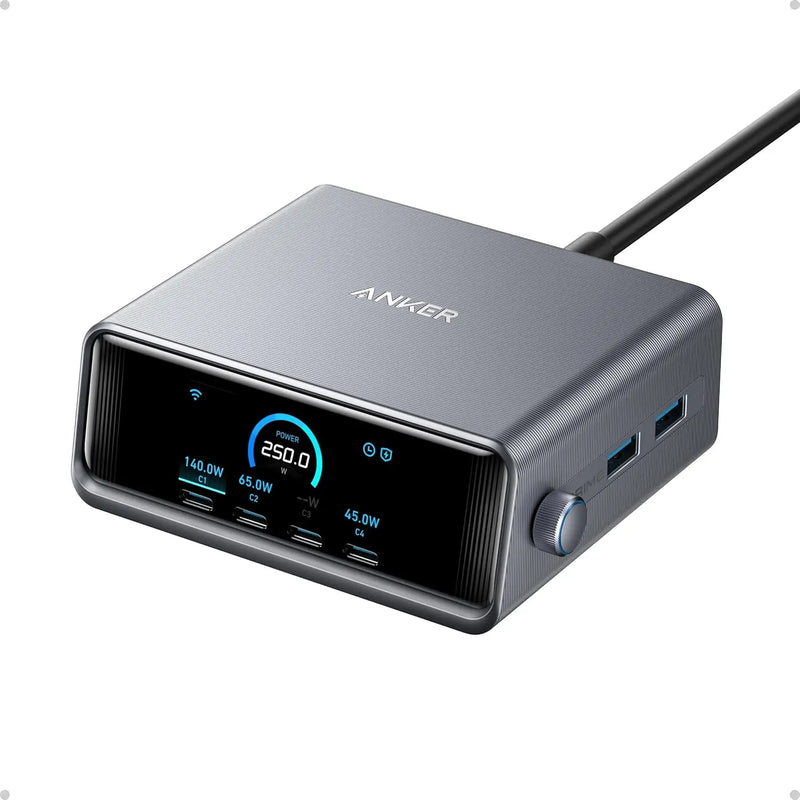 Anker Prime Charger 250W GaN USB C Fast Charging Station 2.26" LCD Display for iPhone MacBook Pro iPad Smart Control Dial