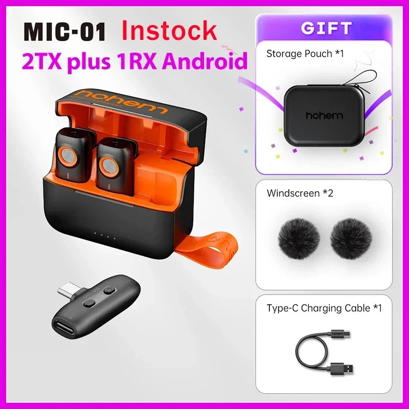 Hohem MIC-01 Wireless Lavalier Microphone Dual Noise Canceling Recording 20 Hours Battery LifeLive Streaming for Android