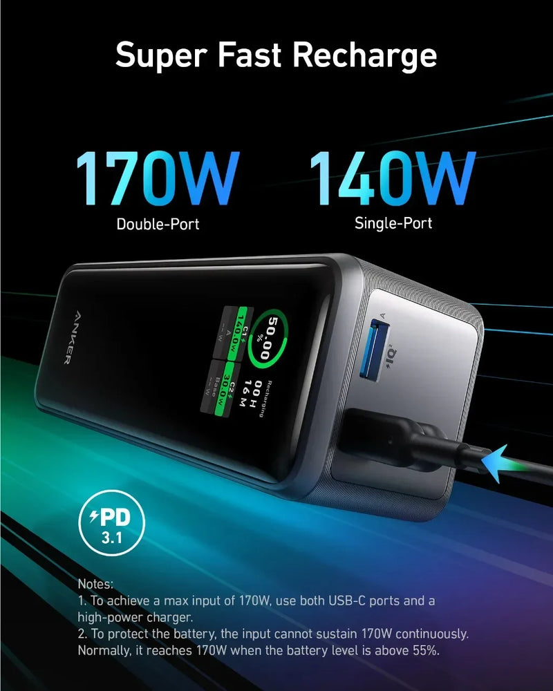Anker Prime Power Bank 27650mAh 3-Port 140W Max Portable Charger Battery Portable Power Bank Large Capacity 250W for Laptop