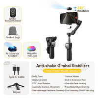 AOCHUAN Smart V8 3-Axis Handheld Gimbal Phone Stabilizer with Extension Rod Tripod Face Tracking for iPhone Android Tiktok Vlog