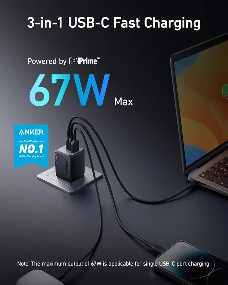 Original Anker 3-Port 67w Max GaN Charger USB C Fast charging Fast Compact Foldable for MacBook Pro/Air iPad Pro Galaxy Switch